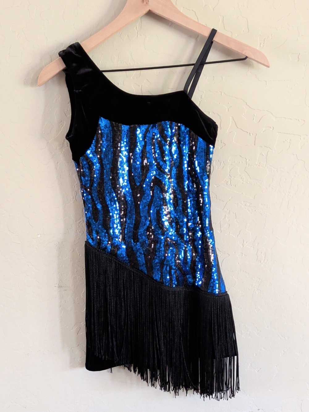 Black & Blue Sequin Fringe One-Shoulder Dress